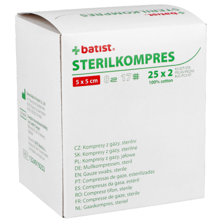 Kompresy gazowe, jałowe Sterilkompres BATIST (17N 8W) - pakowanie po 2 lub 5 szt. w blistrze 