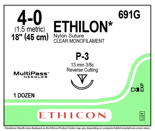 NICI CHIRURGICZNE ETHILON bezbarwny 4/0, 45cm, igła P-3, 13mm, 3/8 koła, odwrotnie tnąca, PRIME, Multipass (1opak/12szt) REF: 691G