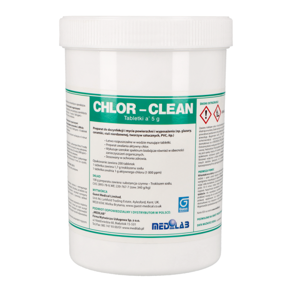 CHLOR-CLEAN 200 tabletek Medilab do mycia i dezynfekcji powierzchni i wyposażenia, glazury, ceramiki, stali nierdzewnej