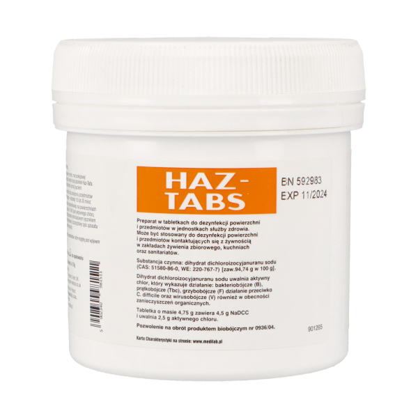 HAZ-TABS 100 tabletek,  Medilab, na bazie aktywnego chloru do dezynfekcji powierzchni i wyposażenia pomieszczeń