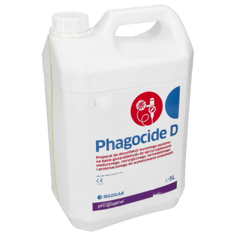 PHAGOCIDE D - 5L, Medilab, preparat na bazie glutaraldehydu do dezynfekcji wysokiego poziomu termolabilnych endoskopów i innych wyrobów medycznych.