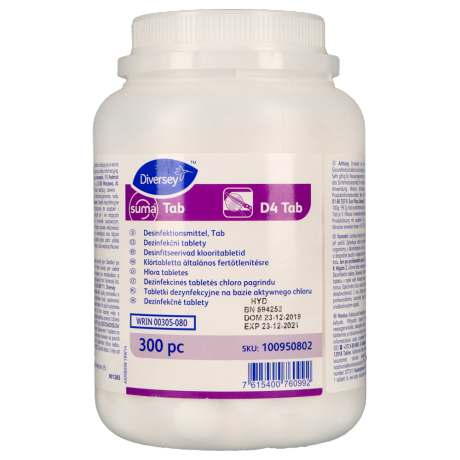 SUMA TAB D4 Diversey,300szt., tabletki dezynfekcyjne a bazie aktywnego chloru, dezynfekcja w przemyśle spożywczym