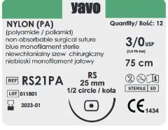 NICI CHIRURGICZNE YAVO Nylon czarny, 30cm, igła podwójna lancetowa (szpatuła) 6.19mm, 3/8 koła, średnica 150 µm (1opak/12szt) REF: LZ49PA/2